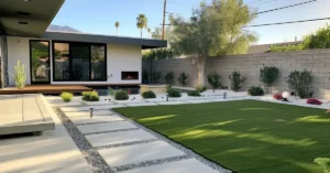 A minimalist backyard featuring large stone pavers, artificial turf, and low-maintenance shrubs