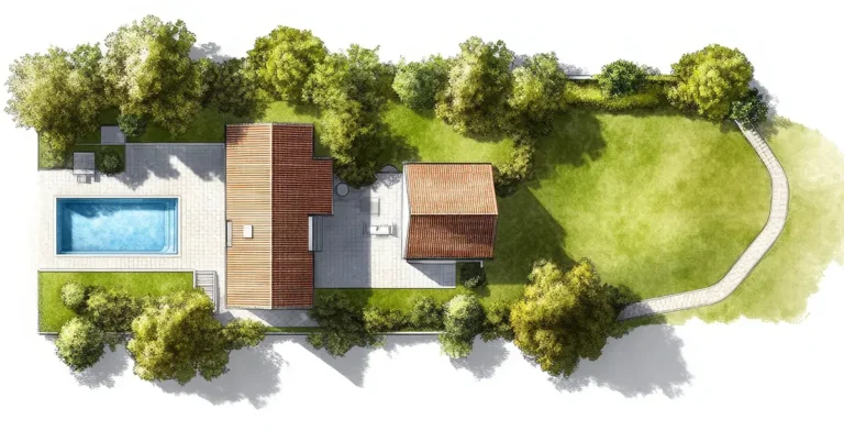 op view of a modern house with a swimming pool and lush greenery.