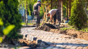 Landscaping company contractors working on interlock driveway project