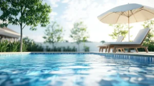 A detailed 3D render of a swimming pool setup, featuring a beach chair and umbrella, providing a perfect summer retreat atmosphere