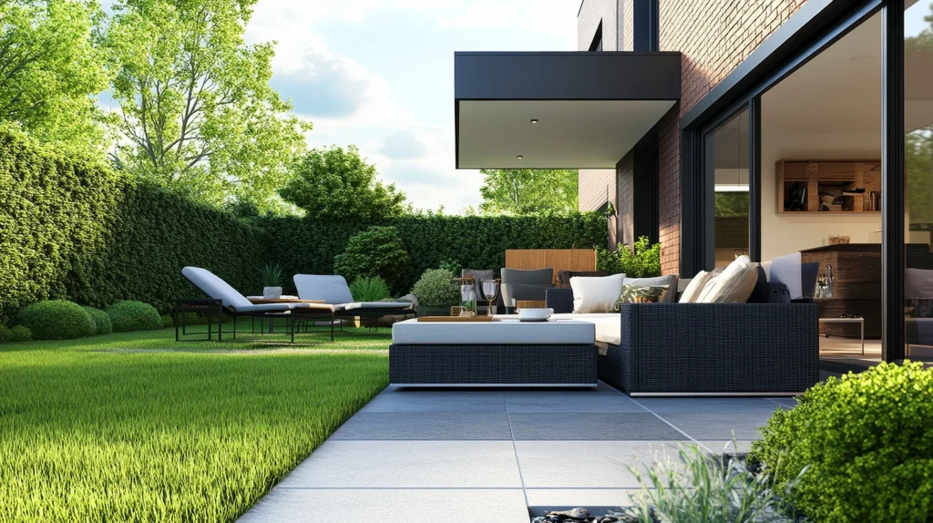 A tranquil outdoor living space featuring a modern patio, comfortable seating, and lush greenery, perfect for relaxation and enjoyment.