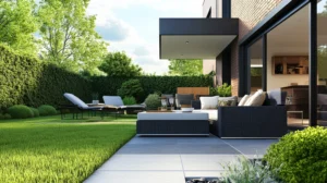 A tranquil outdoor living space featuring a modern patio, comfortable seating, and lush greenery, perfect for relaxation and enjoyment.