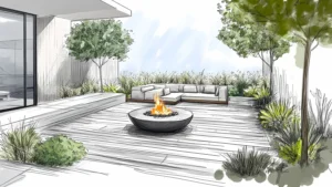 A meticulously crafted architectural rendering presents an inviting outdoor living space.