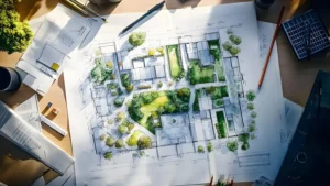 Architectural plans with landscape design on the desk.