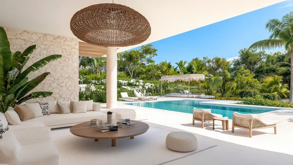 Relaxing outdoor lounge area with beige sofas, a round wooden coffee table, and a view of a tropical pool and lush greenery under a bright sunny sky.