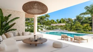 Relaxing outdoor lounge area with beige sofas, a round wooden coffee table, and a view of a tropical pool and lush greenery under a bright sunny sky.