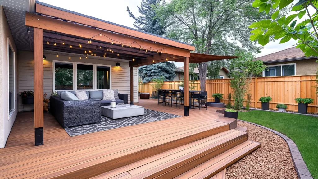 A neatly staged outdoor deck renovation with fresh staining and modern outdoor furniture under a newly installed pergola