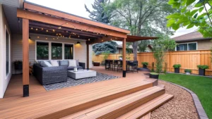 A neatly staged outdoor deck renovation with fresh staining and modern outdoor furniture under a newly installed pergola