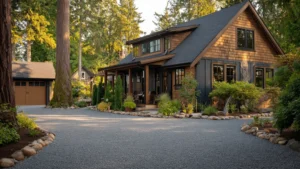 Inviting Modern House Exterior with Wood Siding, Landscaping, and a Gravel Driveway in a Serene Forest Setting